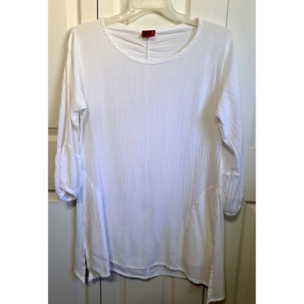 Oh My Gauze! S/M White 3/4 Bishop Sleeve Scoop Neck Lagenlook Dress Cover-up